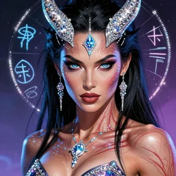 beautiful vascular demon fitness model, veins, perfect eyes, detailed face, comic cover art, magic, technology, sigils, leds, shimmer, diamonds dust, rhinestones, cyberpunk,