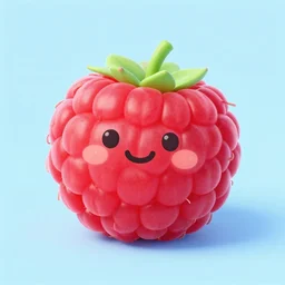 ultra beautiful digital art of a cute red raspberry with a happy face on a light blue background