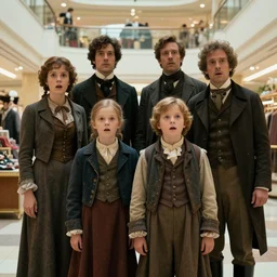 sharp, highly detailed, 16384k film, 14000mm frame still from a sci fi blockbuster color movie made in 2019, a family of four time travelers from 1860 travel in time to 2019, appearing in a shopping mall, looking surprised, the family are all wearing 1860s era clothes, cinematic lighting, in focus, cinematic still, extremely high quality scan, in focus