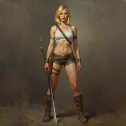 full body character art of beautiful female huntress, pretty face, symmetrical features, short blonde hair, by james gurney, volumetric lighting, detailed, oil painting