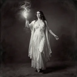 dramatic full body portrait daguerreotype photo of a beautiful female spirit medium levitating and emitting paranormal ectoplasm, detailed and creepy, by virgil finlay