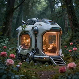 photo of a cyberpunk futuristic robotic tiny house in the forest with a rose garden, intricate, detailed, dramatic lighting