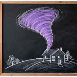 a chalkboard drawing of a purple tornado approaching a house on a hill