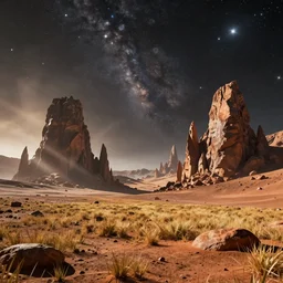 random fantastic space landscape view from surface of planet. martian surface of planet, fantasy sharp rocks and mountains. magical starry sky, stars of the planet and galaxies in sky, cinematic view, epic sky, detailed, concept art, low angle, high detail, warm lighting, volumetric, godrays, vivid, beautiful, trending on artstation, by jordan grimmer, huge scene, grass, art greg rutkowski
