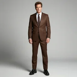 full body shot, andy richter wearing a brown suit and necktie and black work boots, ultra hd photo, 3 5 mm close up, fish eye, realistic, smiling, holding a postcard from chicago,