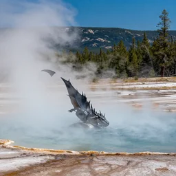 a dragon emerging from a hotspring, photograph captured at yellowstone national park
