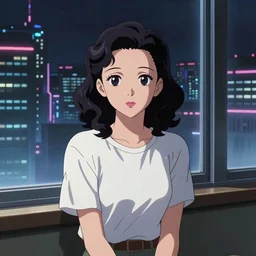 portrait of a beautiful girl with dark hair that's styled in a 1940's fashion, dressed in a white t-shirt, sitting in an apartment alone at night, by window that overlooks futuristic city, nighttime, low-key neon lighting, 4k, HQ, official media, anime key visual, makoto shinkai, ilya kuvshinov, lois van baarle, rossdraws, detailed, trending on artstation