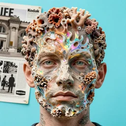 realistic product photo of a mans face covered in shriveling dead semi - translucent iridescent coral reef, emitting aura, the man is designed by dieter rams, cyan background, 1 9 6 0, life magazine photo, natural colors, metropolitan museum, kodak, 8 k, very detailed, high resolution, product photo,
