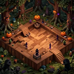 evil forest halloween themed isometric game level, with detailed wood, toon shader, arnold maya render, artstation by miha rinne