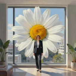 huge daisy flower head, woman with suit, standing in modern window in luxury apartment, surreal photography, sunlight, impressionist painting, digital painting, artstation, simon stalenhag