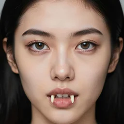 a photograph of a young woman with fangs, black hair, dof, sharp focus, highly detailed face, symmetric face, realistic iris, cinestill 8 0 0 t, photography by paolo roversi