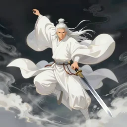 Flying Sword white robe old man, white hair, clouds, wuxia by Chen Uen Yoji Shinkawa 4k,