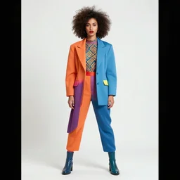 full frontal portrait of a post modern hybrid fashion model with an exuberant style from year 2 0 6 0, colorful, photographic, octane render, vray, detailed, halftoned, editorial illustration, matte print, grainy light, ( ( dither ) ), risograph, high contrast, screen print, grainy texture