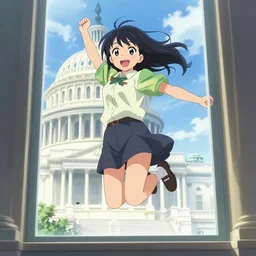 A beautiful smiling anime girl with black hair and hime cut jumping through a window in the U.S Capitol, anime key visual, digital art, anime screenshot, kyoto animation, makoto shinkai, trending on artstation