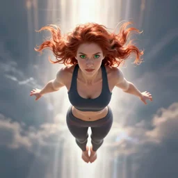 vfx, octane render, zbrush, mark Brooks and bradkunkle detailed, one beautiful anatomically correct woman, wearing yoga pants with flowing red hair and green eyes, flying towards the camera, volumetric lightning, highly detailed, concept art, art station, center of picture.