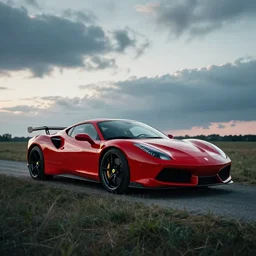 amazing photography work of avonden red sport car in open field, soft light, cool color palette, dramatic clouds, masterpiece, art work by greg rutsowski, high details, very sharp