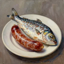 oil on canvas, half fish half sausage on a plate. sausage with the fins of a fish