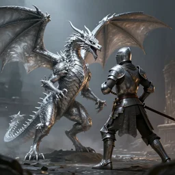 a silver dragon fighting a knight, concept art, cinematic lighting, hyper realistic, fantasy art