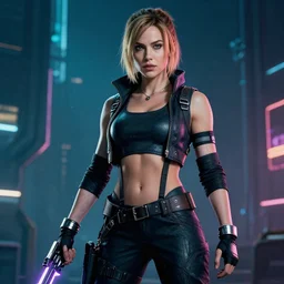 photo of alexandra daddario as a cyberpunk warrior with weapons