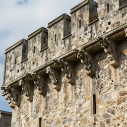 the wall of a medieval castle with creepy gargoyles on the cornice, high quality, realistic digital illustration