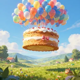 a giant cake hanging below birthday balloons and floating above a beautiful stunning landscape. digital art, artstation cgsociety masterpiece