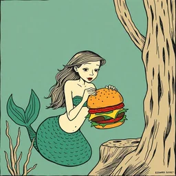 a mermaid eating a burger. illustration by edward gorey