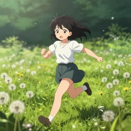 cute bombshell anime girl running through a field of dandelions. volumetric lighting, dynamic pose, epic composition, atmospheric perspective, ambient occlusion, bounced lighting, subsurface scattering, depth of field, glow, perlin noise, chromatic abberation, 4 k, srgb, p 3, 4 k, 8 k, cinematic. beautiful lineart, clean lines, anime
