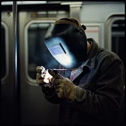 welder in welding mask in the subway, ominous lighting, by richard avedon, tri - x pan stock