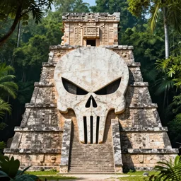 mayan temple in form of punisher emblem. background jungle