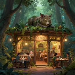 A Tame Creature Restaurant in the Lost Woods ,Greg rutkowski, Trending artstation, cinematográfica, digital Art
