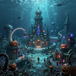 a horror based underwater suburb based on an amusement park during halloween that takes place incredibly deep underwater and is built on the idea of the lost city of atlantis, halloween decorations, underwater city, amusement park, spooky, amusement park attractions, deep sea, horror themed, fun, concept art, by harper groff