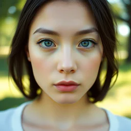 a photograph of a young woman in a park, dof, sharp focus, highly detailed face, symmetric face, realistic iris, cinestill 8 0 0 t, photography by stuart palley