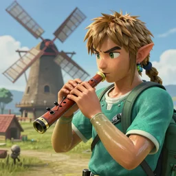 link from the video game ocarina of time playing the song of storms on an ocarina in front of the windmill from kakariko village, photorealistic, extreme detail, sharp focus, 8 k, intricate, hyper detailed, realistic, cinematic lighting
