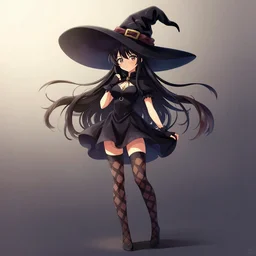 young witch, long dark hair, checked stockings, short dress, huge hat, full bodyshot, anime, art by miaormoa