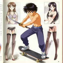 skater with katana in hands character, cartoon stylised proportions by hiroyuki imaishi 今 石 洋 之 gainax studio trigger and yoh yoshinari ground works of panty & stocking with garterbelt animation art book