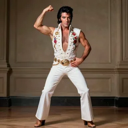 elvis presley full body portrait by rembrandt, beefcake pose, displayed in the louvre