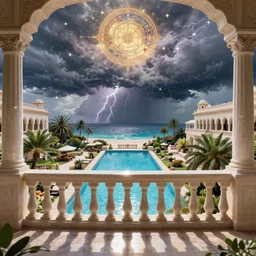 from inside the giant palace, mediterranean balustrade and columns, refracted line and sparkles, thunderstorm, greek pool, beach and tropical vegetation on the background major arcana sky and occult symbols, by paul delaroche, hyperrealistic 4 k uhd, award - winning, very detailed paradise