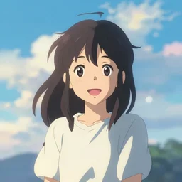 A centred portrait of happy cute anime women with a sky background with bokeh, rendered by Makoto Shinkai, syd meade, environment concept, digital art, trending on artstation, low level, 4K UHD image,
