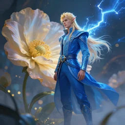 character concept art, male elf next to giant flowers. Blond hair and blue. Detailed, high quality, bokeh, sharp focus, smooth, dynamic lightning, fantasy. Artwork by artgerm, WLOP, alex ross, greg rutknowski, Alphonse Mucha