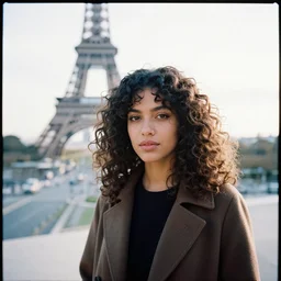 paris style, curly haired woman, cinestill 8 0 0 t