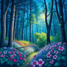 forest with flowers blue, digital matte painting by dan mumford, m. w kaluta, lisa frank vivid