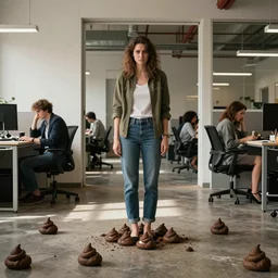 unnhappy advertising people pooping in their open space office. high resolution color magazine candid photograph poop everywhere.