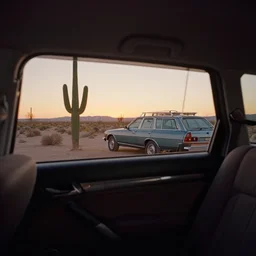backseat of a station wagon in the middle of desert during sunset, cactus, by annie leibovitz, digital photography, 8 5 mm