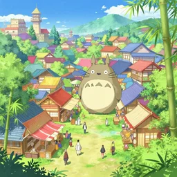 colorful marketplace in a great, colorful kitsune city, bamboo, anime, a fantasy digital painting by Greg Rutkowski and James Gurney, trending on Artstation, highly detailed