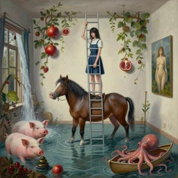 painting of a flooded apartment and a tall emo girl holding an infinite ladder, riding a pork horse, paintings on the wall, pomegranates, vines, waterfall, pigs, octopus, canoe, berries, zen, sensual, surrealist, by magritte and monet
