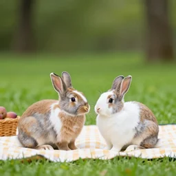 two rabbits in love with each other are having a picnic in the park