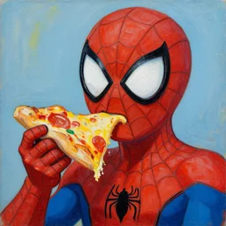 a portrait of a happy Spiderman eating pizza by Wayne Thiebaud, painting by Wayne Thiebaud, heavy pigment, colourful, heavy impasto technique, anime style, big eyes, space age pop