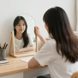 a girl sitting at a desk looking into a mirror
