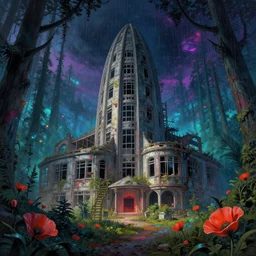 a beautiful hyperdetailed painting of sanatorium abandoned building unfinished building by norman foster, cosmic rainforest fisheye anime cyberpunk tron at dusk darkacademia forest nightvision vaporwave tundra atlantis thermal imaging poppy at dawn, archdaily, wallpaper, highly detailed, trending on artstation.