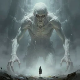 an immense beautiful terrifying pale humanoid giant looms over a tiny human. ethereal horror fantasy art by greg rutkowski and magali villanueve